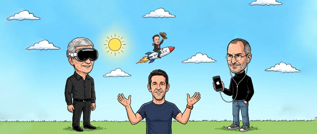 Apple's leadership transition comes as competitors like Elon Musk's xAI have raced ahead in AI development. Can incoming CEO John Ternus (center) recapture the innovation magic of Steve Jobs (right) after Tim Cook's Vision Pro detour? (Illustration: Timothy R. Butler/Nano-Banana-Pro)
